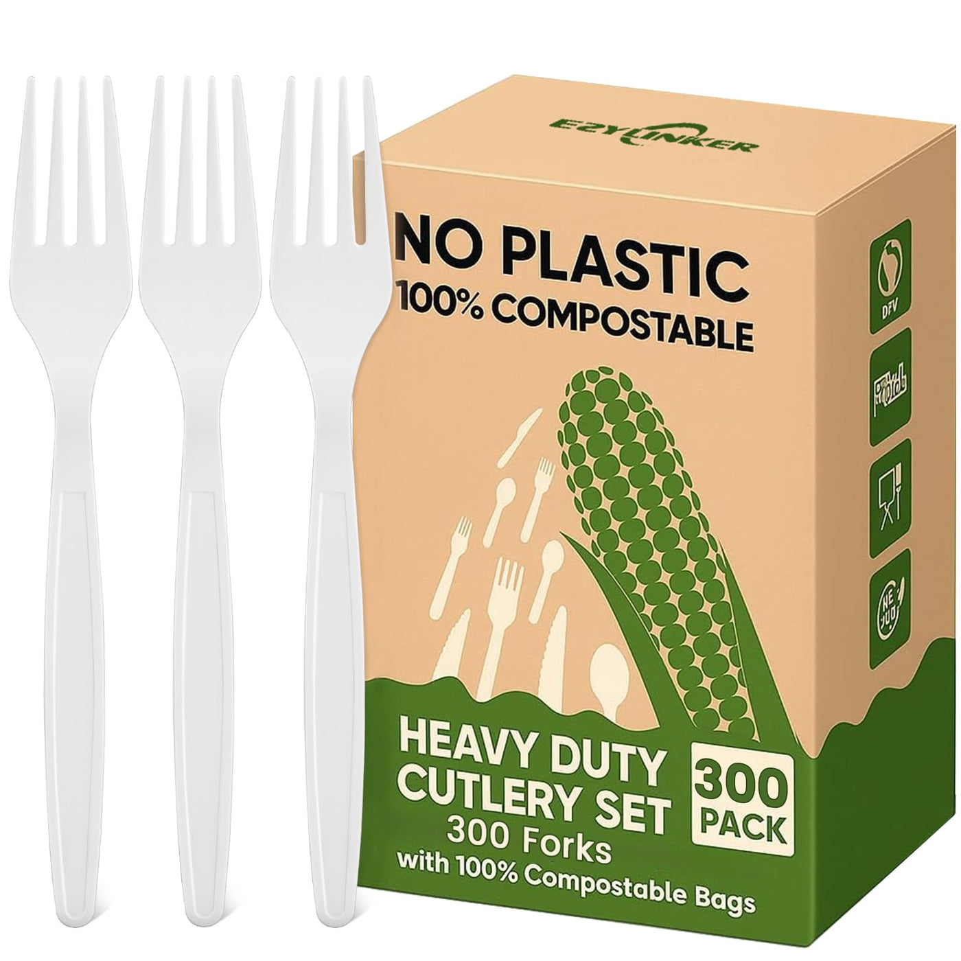 Compostable Utensils Set (300Pack), Heavy Duty & Eco-Friendly No-Plastic Spoons, Forks, Knives Cutlery Set - 100% Disposable Cornstarch Flatware for Lounge Party Wedding BBQ Picnic Camping