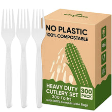 Compostable Utensils Set (300Pack), Heavy Duty & Eco-Friendly No-Plastic Spoons, Forks, Knives Cutlery Set - 100% Disposable Cornstarch Flatware for Lounge Party Wedding BBQ Picnic Camping