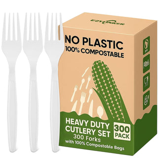 Compostable Utensils Set (300Pack), Heavy Duty & Eco-Friendly No-Plastic Spoons, Forks, Knives Cutlery Set - 100% Disposable Cornstarch Flatware for Lounge Party Wedding BBQ Picnic Camping