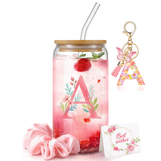 Personalized Initial Glass Cup Gift Set for Women, Custom Monogram Cup with Lid and Straw, Matching Keychain & Card, Bridesmaid or Birthday Gift for Women Friend Sister (Letter S)