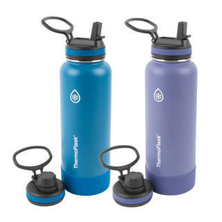 ThermoFlask Stainless Steel Water Bottles 2-Pack - Double-Wall Vacuum Insulated 24 oz BPA-Free Spout Lids - Keeps Drinks Cold 24 Hrs, Hot 12 Hrs - Leakproof, Dishwasher Safe, White/Coral
