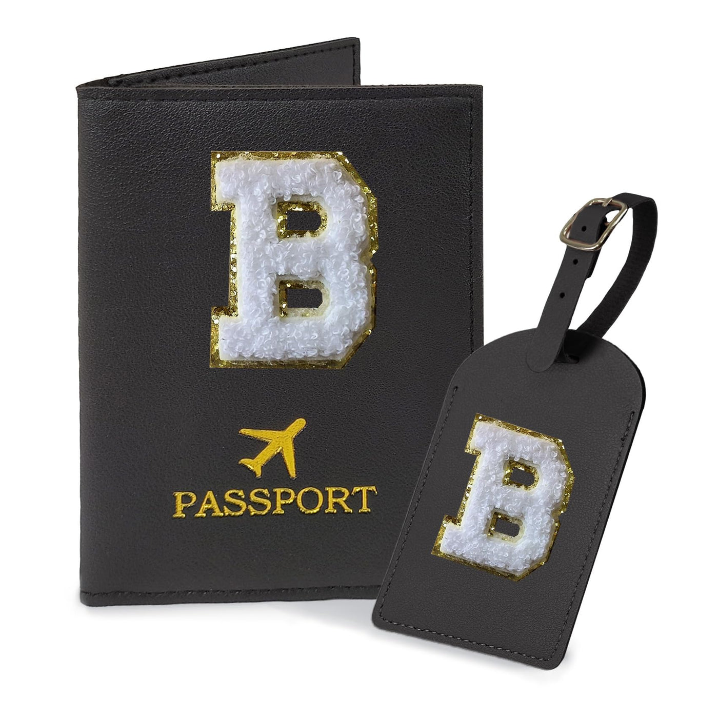 COSHAYSOO Purple Passport Cover Holder and Initial Luggage Tag Set TSA Approved with Personalized Monogram Chenille Letter Patch for Women Teen Girls, Cute Travel Bag Suitcase Identifier (A)