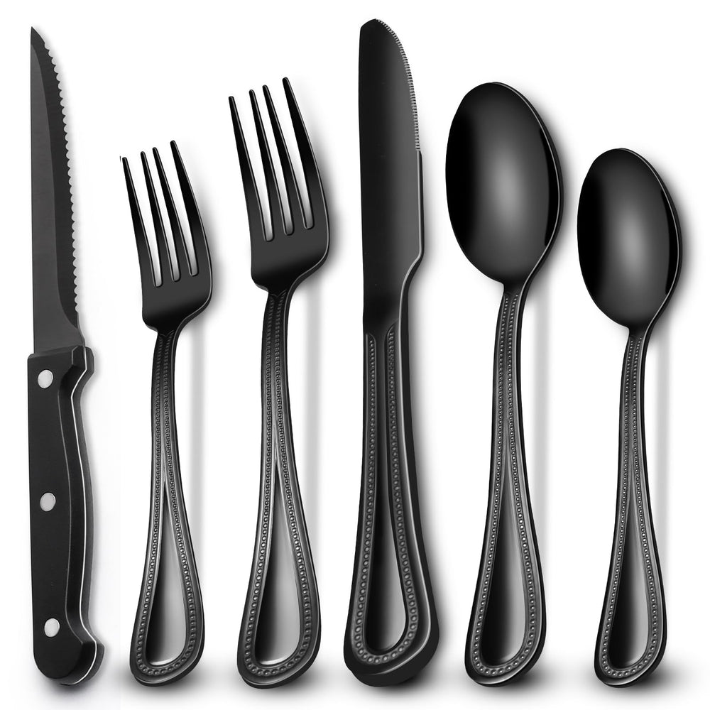 EWFEN 24-Piece Black Silverware Set with Steak Knives, Black Flatware Set for 4, Food-Grade Stainless Steel Tableware Cutlery Set, Mirror Finished Utensil Sets for Home Restaurant, Round Edge