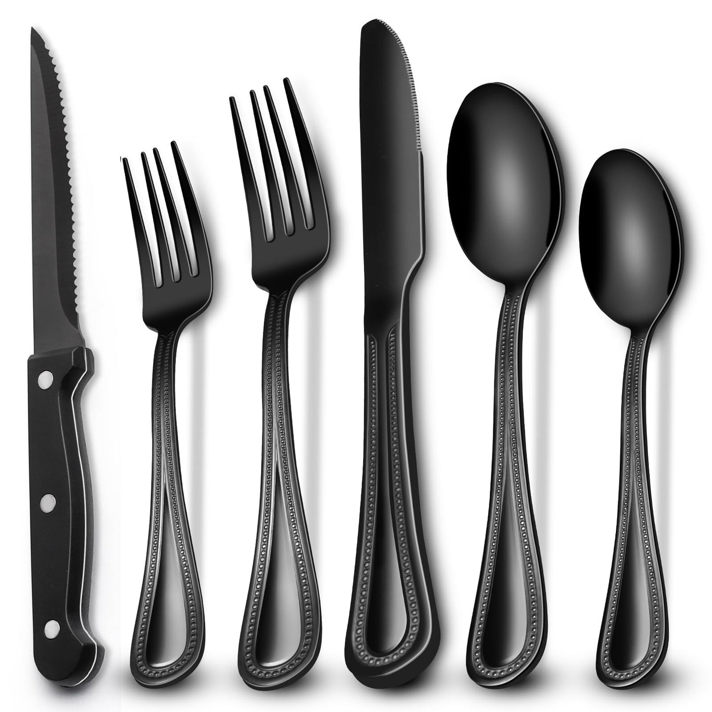 EWFEN 24-Piece Black Silverware Set with Steak Knives, Black Flatware Set for 4, Food-Grade Stainless Steel Tableware Cutlery Set, Mirror Finished Utensil Sets for Home Restaurant, Round Edge