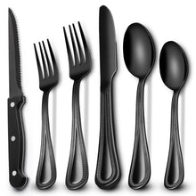 EWFEN 24-Piece Black Silverware Set with Steak Knives, Black Flatware Set for 4, Food-Grade Stainless Steel Tableware Cutlery Set, Mirror Finished Utensil Sets for Home Restaurant, Round Edge