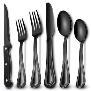 EWFEN 24-Piece Black Silverware Set with Steak Knives, Black Flatware Set for 4, Food-Grade Stainless Steel Tableware Cutlery Set, Mirror Finished Utensil Sets for Home Restaurant, Round Edge