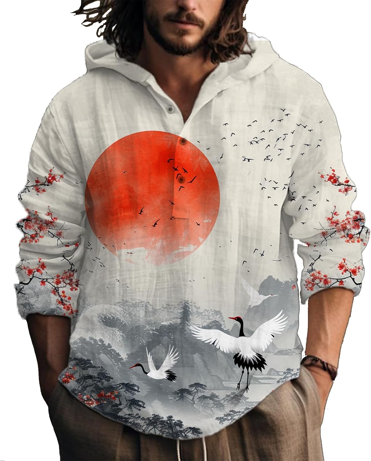 MARSVOVO Hooded Long Sleeve Shirt Men Fashion Graphic Button Up Lightweight Big and Tall Casual Vacation Shirts for Men