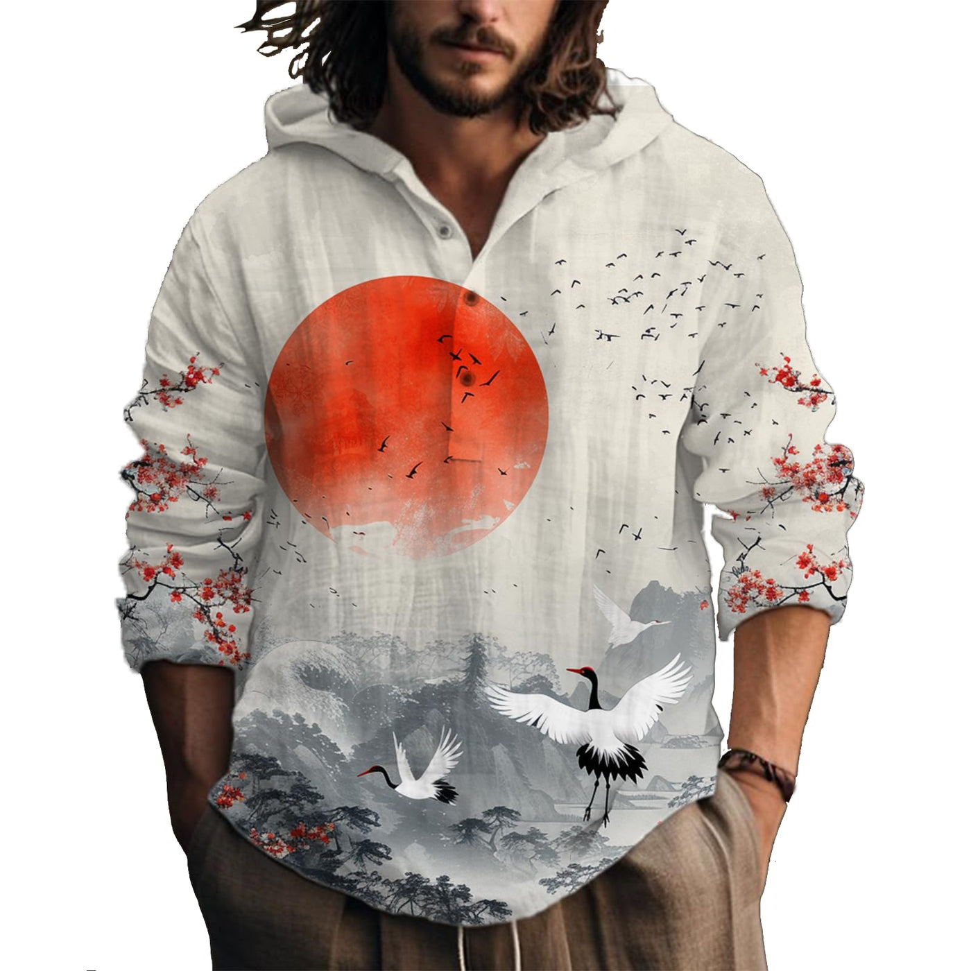 MARSVOVO Hooded Long Sleeve Shirt Men Fashion Graphic Button Up Lightweight Big and Tall Casual Vacation Shirts for Men