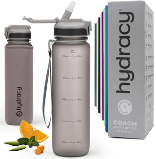 Hydracy Water Bottle with Time Marker -Large BPA Free Water Bottle & No Sweat Sleeve -Leak Proof Gym Bottle with Times to Drink - Ideal for Fitness Sports & Outdoors