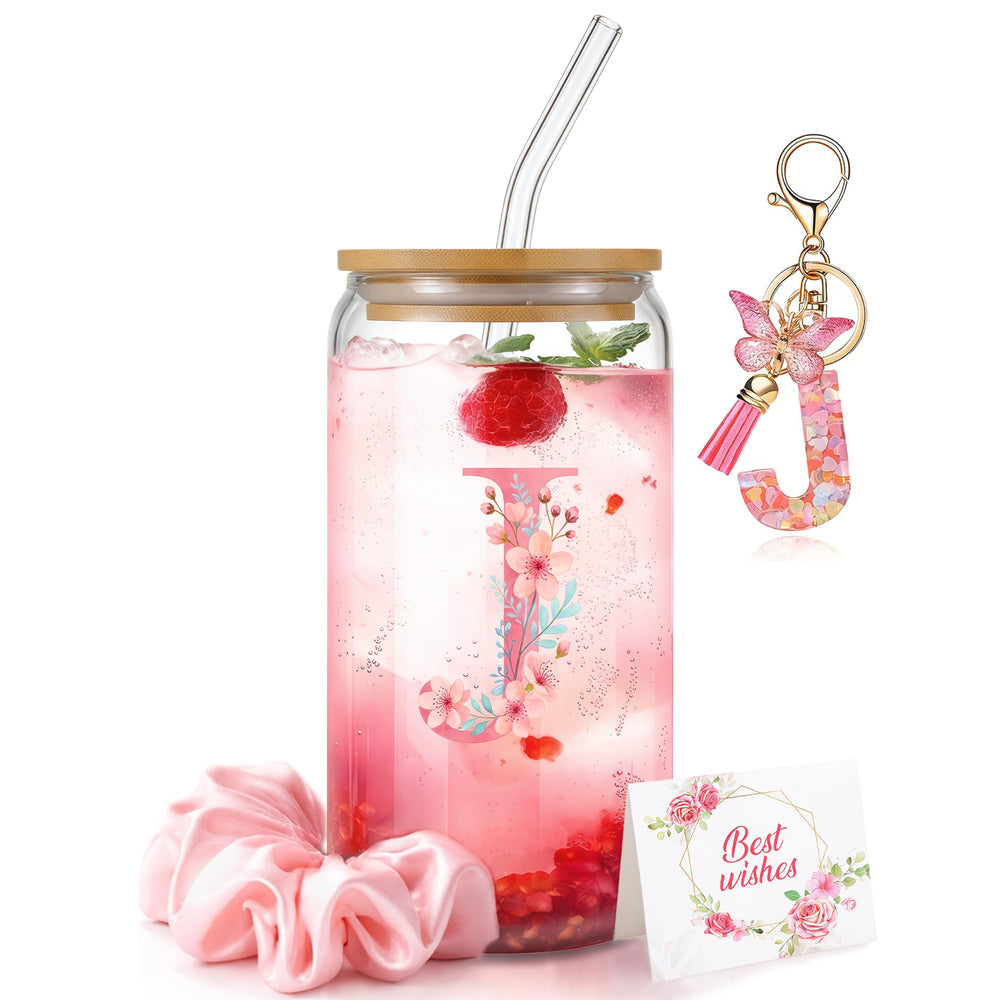 Personalized Initial Glass Cup Gift Set for Women, Custom Monogram Cup with Lid and Straw, Matching Keychain & Card, Bridesmaid or Birthday Gift for Women Friend Sister (Letter S)