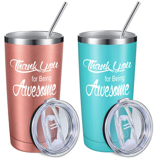 Suclain 12 Sets Thank You Gifts Graduation Appreciation Tumbler 20oz Thank U for Being Awesome Stainless Steel Cup Bulk with Lid Straw for Teacher Friend Classmate (Light Blue,Rose Gold,Black,White)