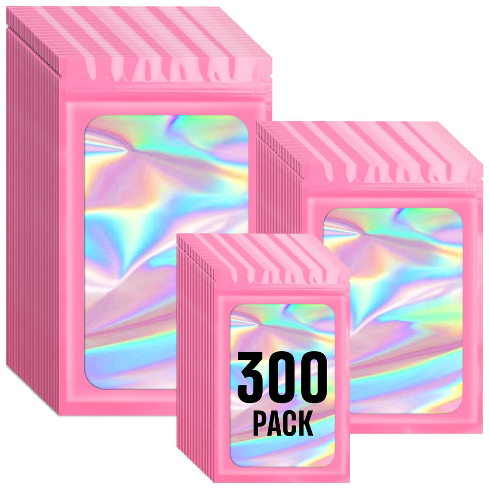 Funfery 300 Pack 3 Size Mylar Holographic Bags with Clear Window,Resealable Bag Smell Proof Bags Zipper Foil Baggie Packaging Pouch for Food Storage,Sample,Small Business(Black,3x4.7,4x6,4.7x7.9in)