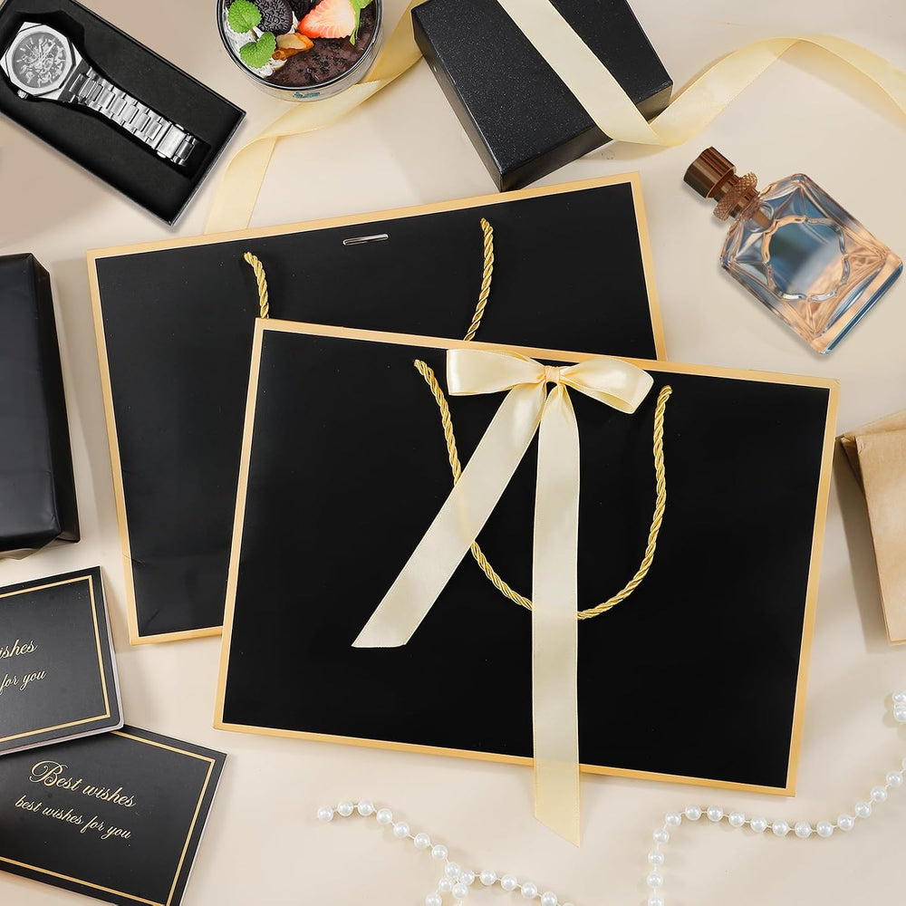 woric Black Gift Bags with Handles, 14" Medium Gift Bag with Tissue Paper, 2 Pcs Bags with 4 Tissue Paper and 2 Cards for Men Graduation Father's Day Birthday Party