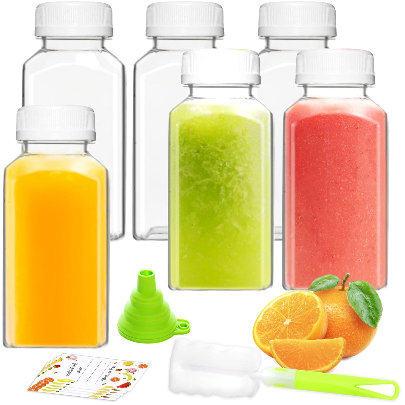 12pcs 12oz Plastic Juice Bottles, Reusable Juice Containers with Black Tamper Proof Lids, Brush, Funnel and Labels, Clear Juice Containers for Juicing, Smoothie and Homemade Beverages