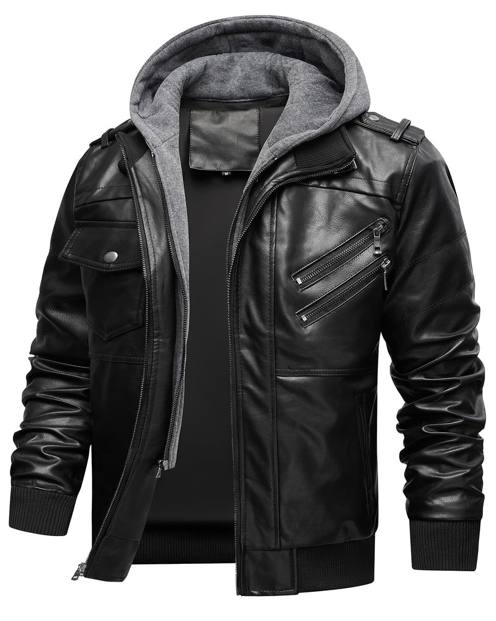 INVACHI Men's Leather Jacket Motorcycle Bomber Jacket Windproof PU Vintage Jacket with Removable Hood