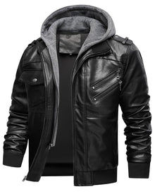 INVACHI Men's Leather Jacket Motorcycle Bomber Jacket Windproof PU Vintage Jacket with Removable Hood