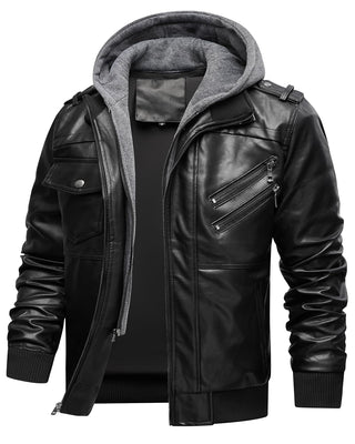 INVACHI Men's Leather Jacket Motorcycle Bomber Jacket Windproof PU Vintage Jacket with Removable Hood