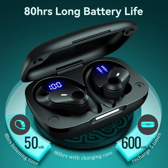 Active Noise Cancelling Ear Buds Wireless Earbuds 80H Playtime Bluetooth Headphones Over Ear Hooks Earphones with Power Display Case Hi-Res Stereo & Clear Calls for Sports Running Gym Workout Black - hover image