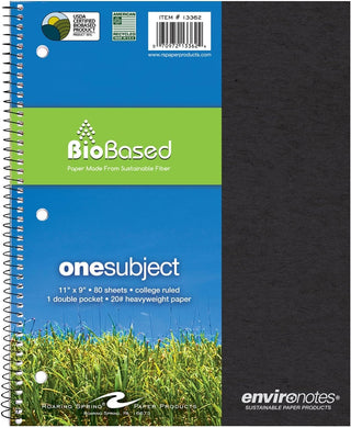 ROARING SPRING Environotes College Ruled Spiral Notebook, 1 Subject Recycled School Notebook with Storage Pocket, 11" x 9", 80 Perforated Sheets 20 lb Paper, 3 Hole Punched, Made in USA