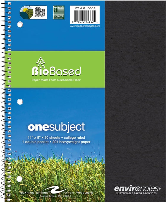 ROARING SPRING Environotes College Ruled Spiral Notebook, 1 Subject Recycled School Notebook with Storage Pocket, 11" x 9", 80 Perforated Sheets 20 lb Paper, 3 Hole Punched, Made in USA
