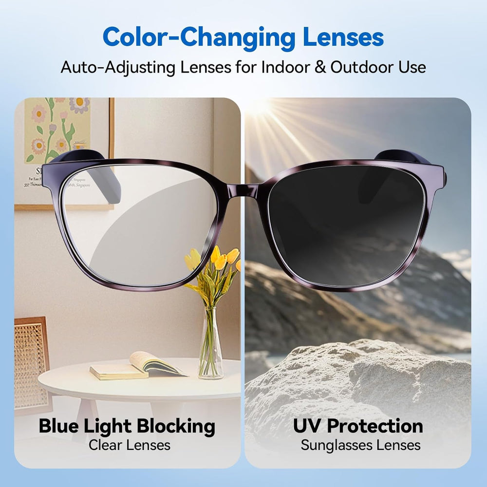 AI Smart Glasses for Men & Women – Powered by ChatGPT, Real-Time Translation, Bluetooth Glasses with Photochromic Lens, Music & Hands-Free Calling, UV & Blue Light Protection, Thin Temples