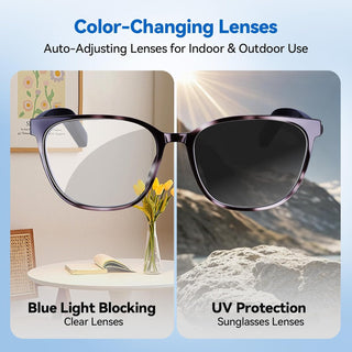 AI Smart Glasses for Men & Women – Powered by ChatGPT, Real-Time Translation, Bluetooth Glasses with Photochromic Lens, Music & Hands-Free Calling, UV & Blue Light Protection, Thin Temples