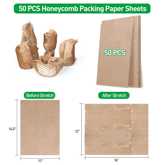MAXECHO 50 Sheets Honeycomb Packing Paper Expanded Size 12" × 16" Unexpanded Size 14.5" × 11" Bubble Cushioning Wrap for Moving Shipping Products Gifts Wrapping Essentials Packaging Materials Supplies - hover image