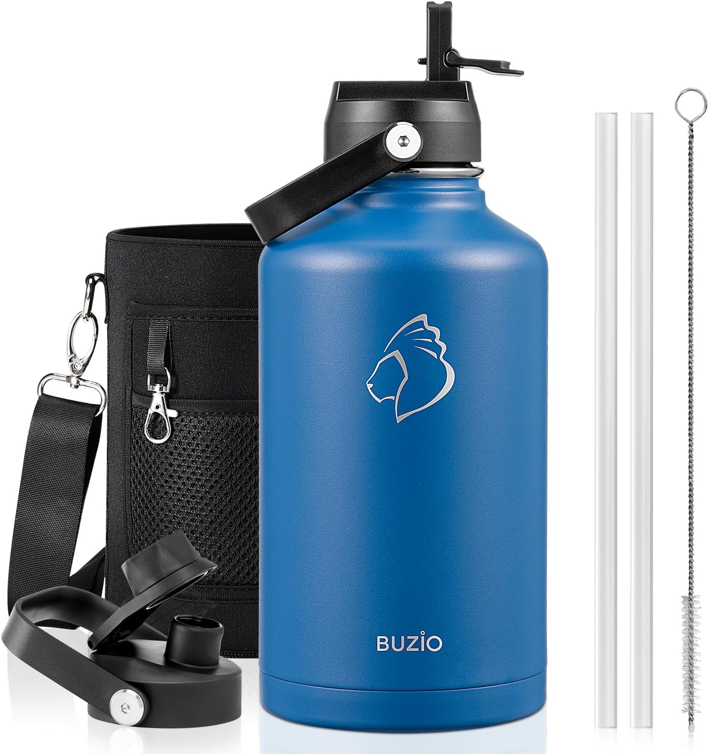 BUZIO 40oz Insulated Water Bottle, Triple Wall Vacuum Stainless Steel Water Flask with 2 lids, Lead-Free BPA-Free Straw Lid Sports Canteen Jug, Cold 48H & Hot 24H- Black