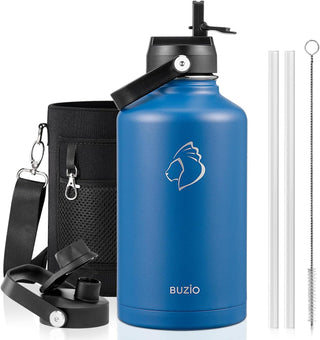 BUZIO 40oz Insulated Water Bottle, Triple Wall Vacuum Stainless Steel Water Flask with 2 lids, Lead-Free BPA-Free Straw Lid Sports Canteen Jug, Cold 48H & Hot 24H- Black