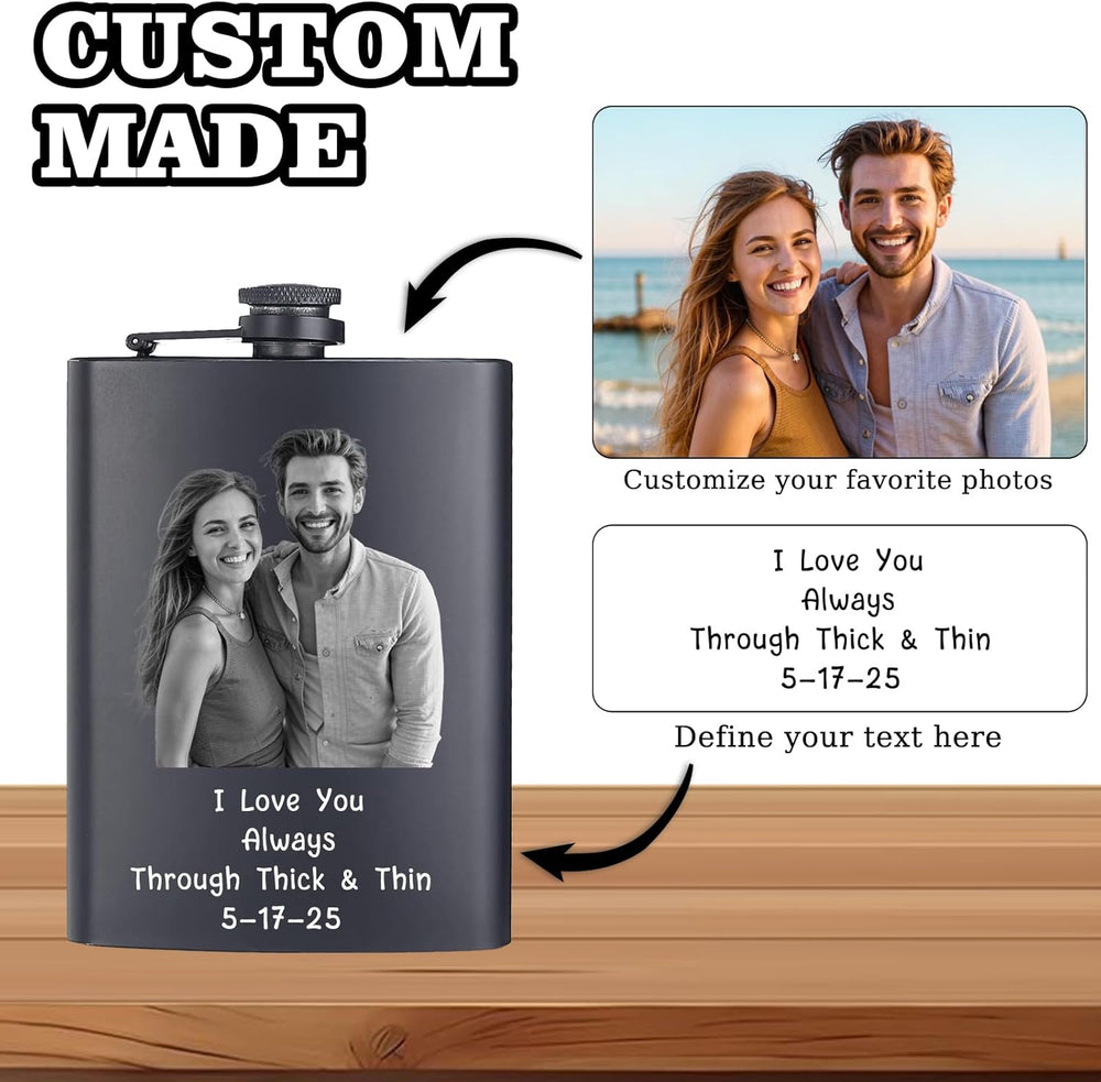 Custom Flask for Men Personalized Engraved 8 Oz Hip Flasks With Photo Text Customized Liquor Flask Gifts for Grandpa Men Him Dad Husband Fathers Day Christmas Groomsman (Custom Photos)