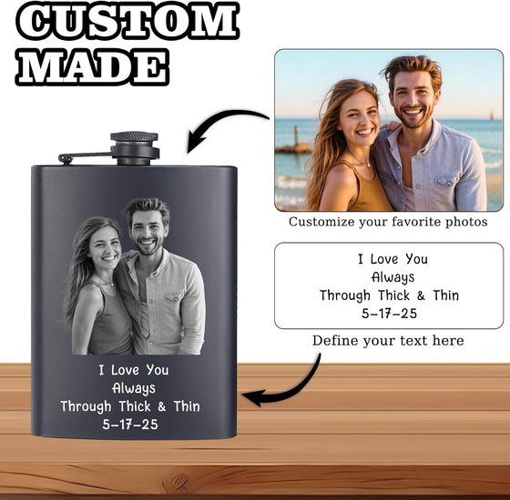 Custom Flask for Men Personalized Engraved 8 Oz Hip Flasks With Photo Text Customized Liquor Flask Gifts for Grandpa Men Him Dad Husband Fathers Day Christmas Groomsman (Custom Photos) - hover image