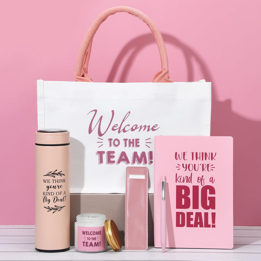 Thenshop 6 Pcs Welcome to the Team Gift Set, New Employee Welcome Gifts Including Tote Bag, Notebook, Pen, Scented Candle, Tumbler, and Pen Cover for Men Women New Employees, Coworkers(Black)