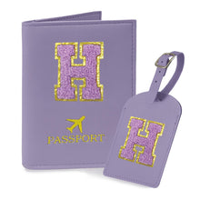 COSHAYSOO Purple Passport Cover Holder and Initial Luggage Tag Set TSA Approved with Personalized Monogram Chenille Letter Patch for Women Teen Girls, Cute Travel Bag Suitcase Identifier (A)