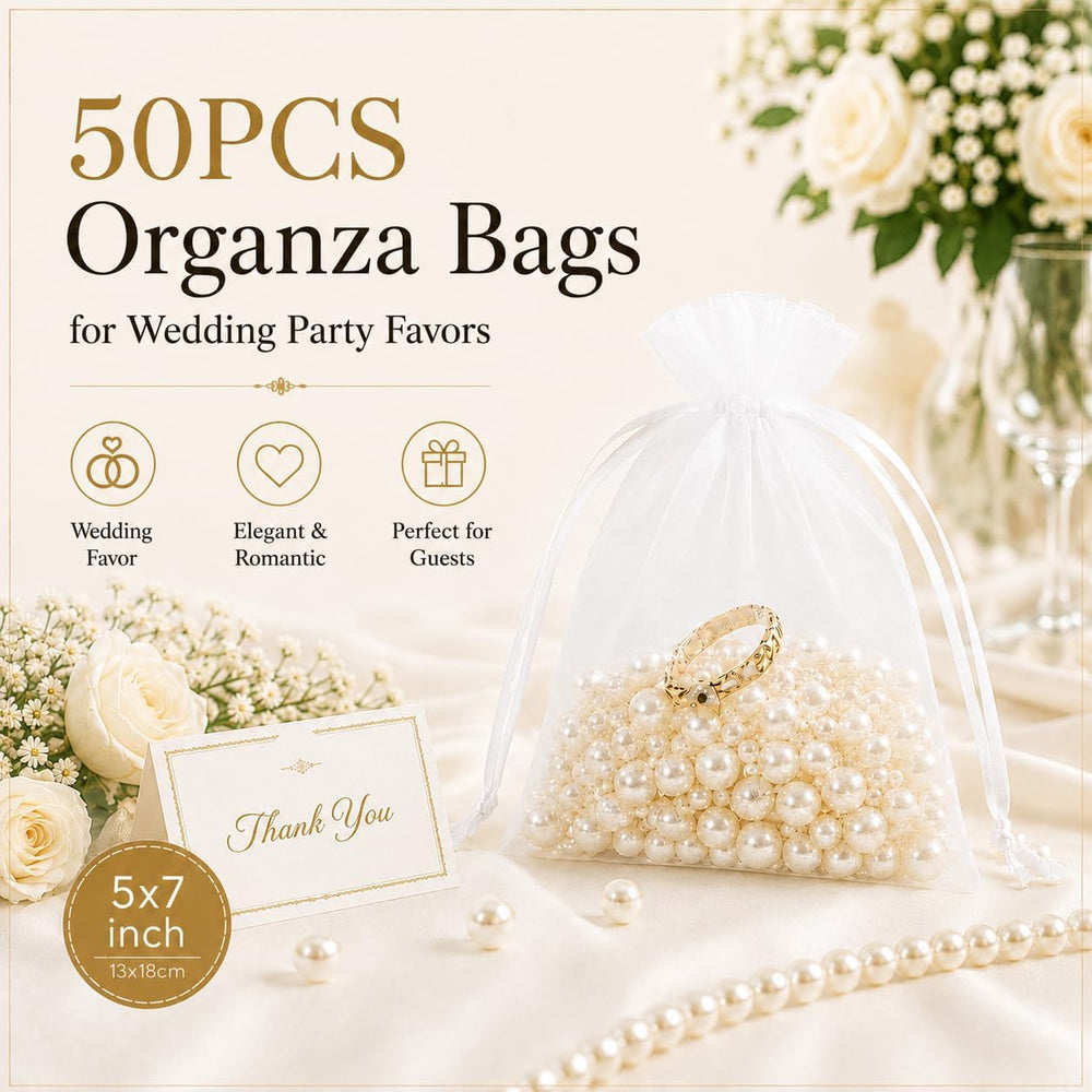 ANZNKU 50 Pack Organza Bags 5 x 7 in White Small Mesh Gift Bags Bulk Drawstring for Wedding Party Favors, Little Goodie Bag for Candy Jewelry Soap Makeup, Treat Sachet Pouch for Baby Shower Graduation