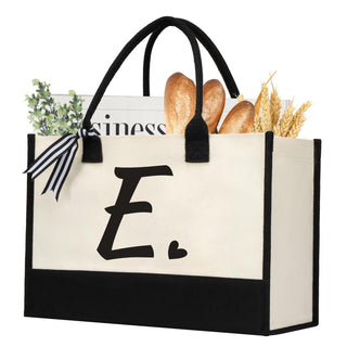 shenee Initial Canvas Tote Bag, Personalized Beach Jute Bag Present for Women Holiday,Friends Birthday Gift,Wedding, New Year