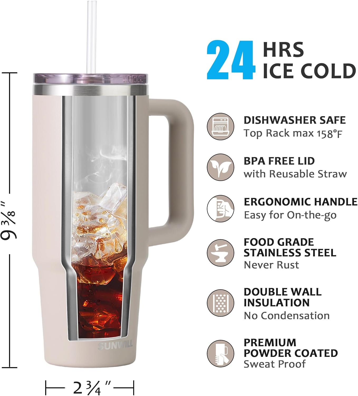 SUNWILL Insulated Coffee Tumbler with Handle, 30oz Stainless Steel Travel Mug with Straw, Spill Resistant Lid, Cup Holder Friendly, Powder Coated Almond