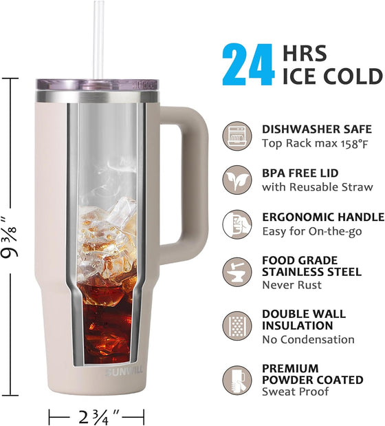SUNWILL Insulated Coffee Tumbler with Handle, 30oz Stainless Steel Travel Mug with Straw, Spill Resistant Lid, Cup Holder Friendly, Powder Coated Almond - hover image