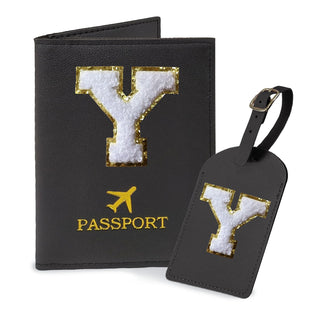 COSHAYSOO Purple Passport Cover Holder and Initial Luggage Tag Set TSA Approved with Personalized Monogram Chenille Letter Patch for Women Teen Girls, Cute Travel Bag Suitcase Identifier (A)