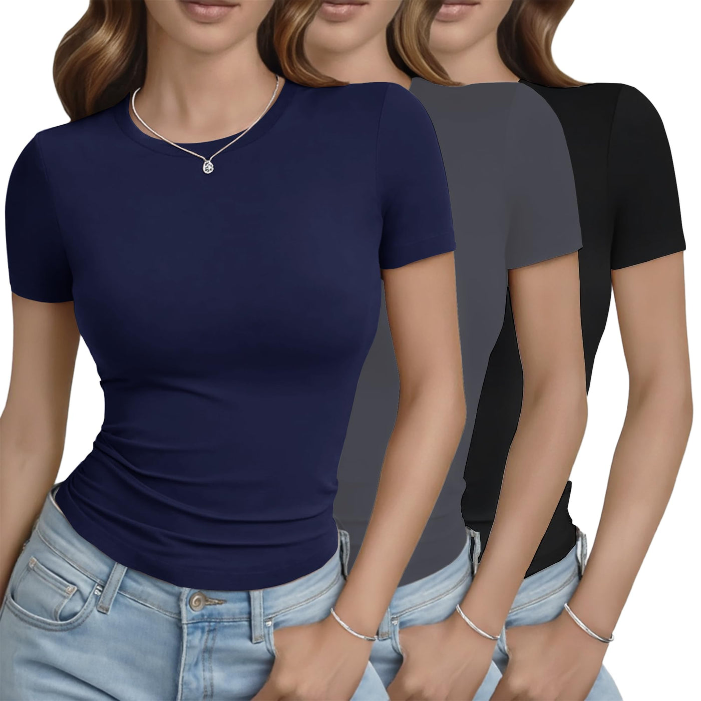 GAYHAY 3 Pack Basic Tees for Women - Crew Neck Slim Fit Tight T Shirts Cute Y2K Trendy Crop Tops Clothes for Casual Summer