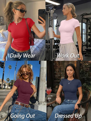 Trendy Queen Womens Basic T Shirts - Stretchy Soft Slim Fit Short Sleeve Y2k Cute Summer Crop Workout Tops