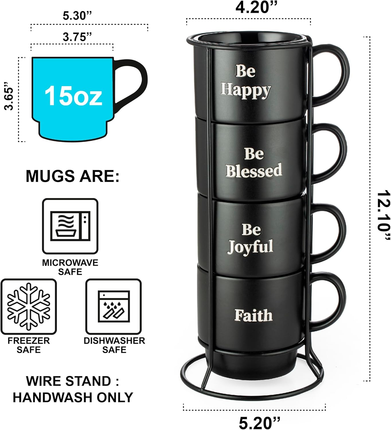 Signature Housewares Stackable Coffee Mug Tower Set with Metal Wire Rack - 15 Ounce Coffee Mugs for Coffee, Tea, Cocoa, Milk, Cappuccino, Hot Chocolate Set of 4 - Be Happy Matte Black