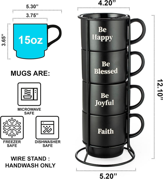 Signature Housewares Stackable Coffee Mug Tower Set with Metal Wire Rack - 15 Ounce Coffee Mugs for Coffee, Tea, Cocoa, Milk, Cappuccino, Hot Chocolate Set of 4 - Be Happy Matte Black - hover image