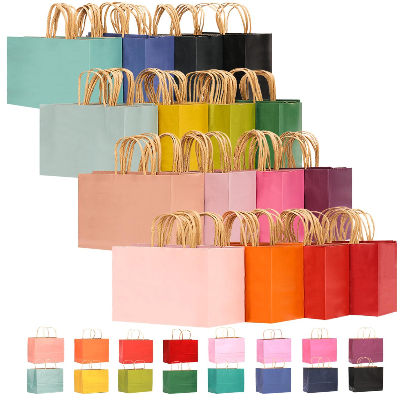 qiqee Medium Size Paper Gift Bags With Handles 10.6"x8.3"x4.3" 16 Solid Colors Party Favor Bags（16-Packs）