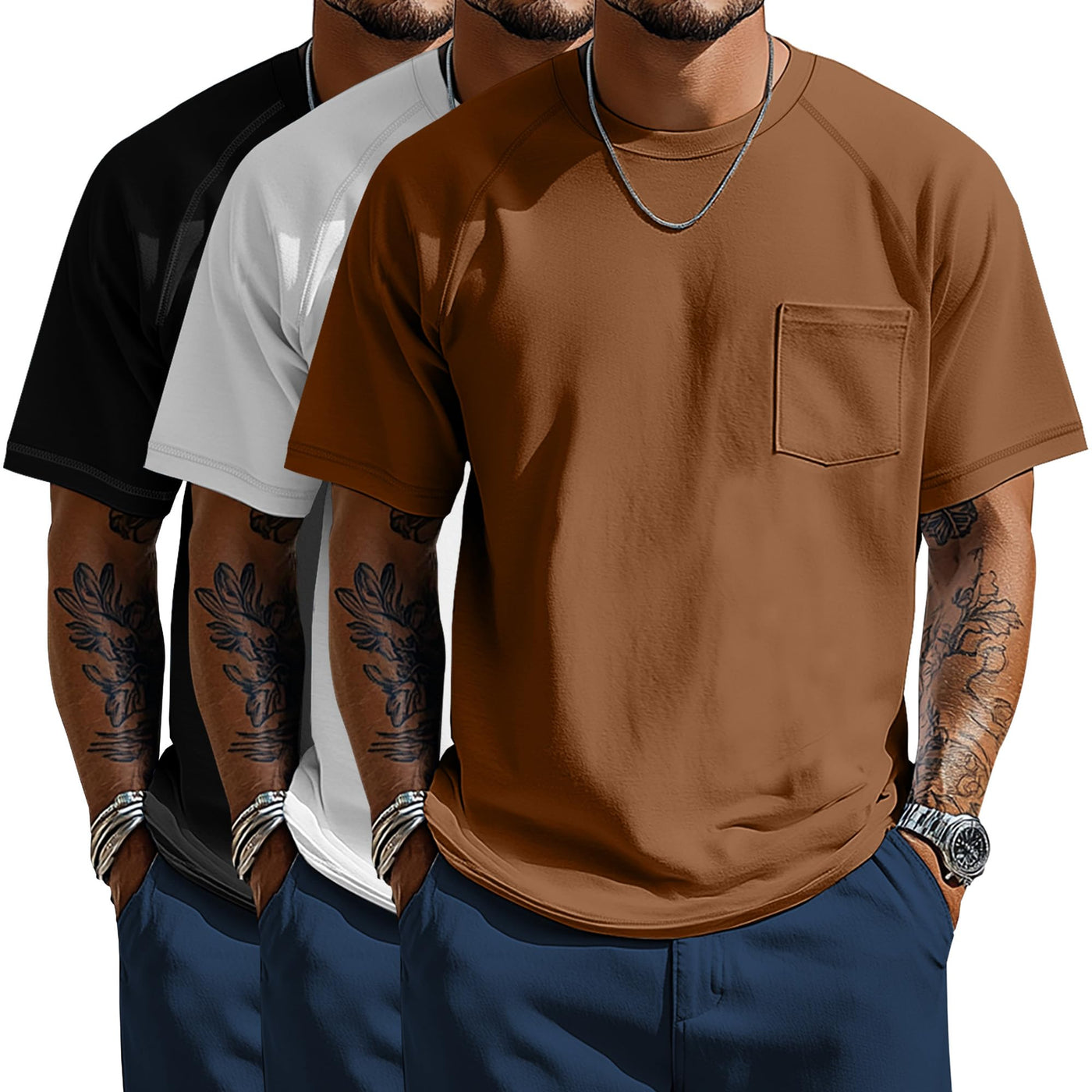 Neer 3 Pack Big and Tall Shirts for Men with Pocket XL-5XL Plus Size Crew Neck Raglan Short Sleeve Summer Casual T Shirts Tee