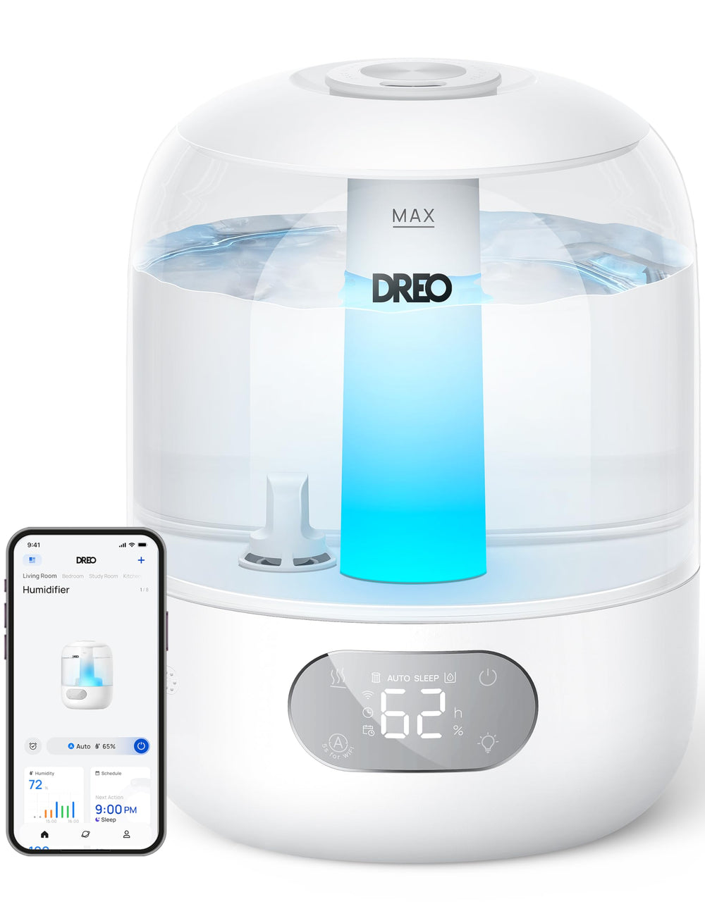 DREO Humidifiers for Bedroom, 3L Top Fill 30H & 26dB Quiet Runtime for Large Room, Cool Mist Ultrasonic Humidifier with Humidity Sensor, Night Light for Home, Baby, Nursery, Plants, New Edition