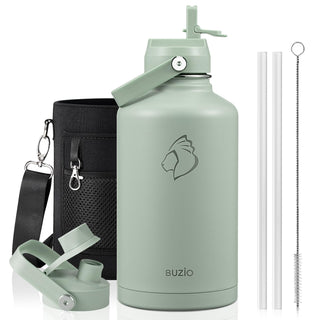 BUZIO 40oz Insulated Water Bottle, Triple Wall Vacuum Stainless Steel Water Flask with 2 lids, Lead-Free BPA-Free Straw Lid Sports Canteen Jug, Cold 48H & Hot 24H- Black