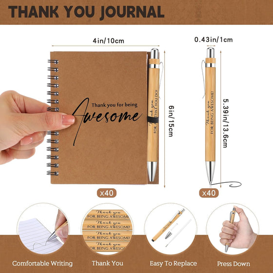 Honoson 80 Pcs/40 Set Spiral Notebook Bulk Employee Appreciation Gift 4x6 Inch Thank You for Being Awesome Inspirational Journal with Bamboo Pen for Staff Christmas Coworker - hover image