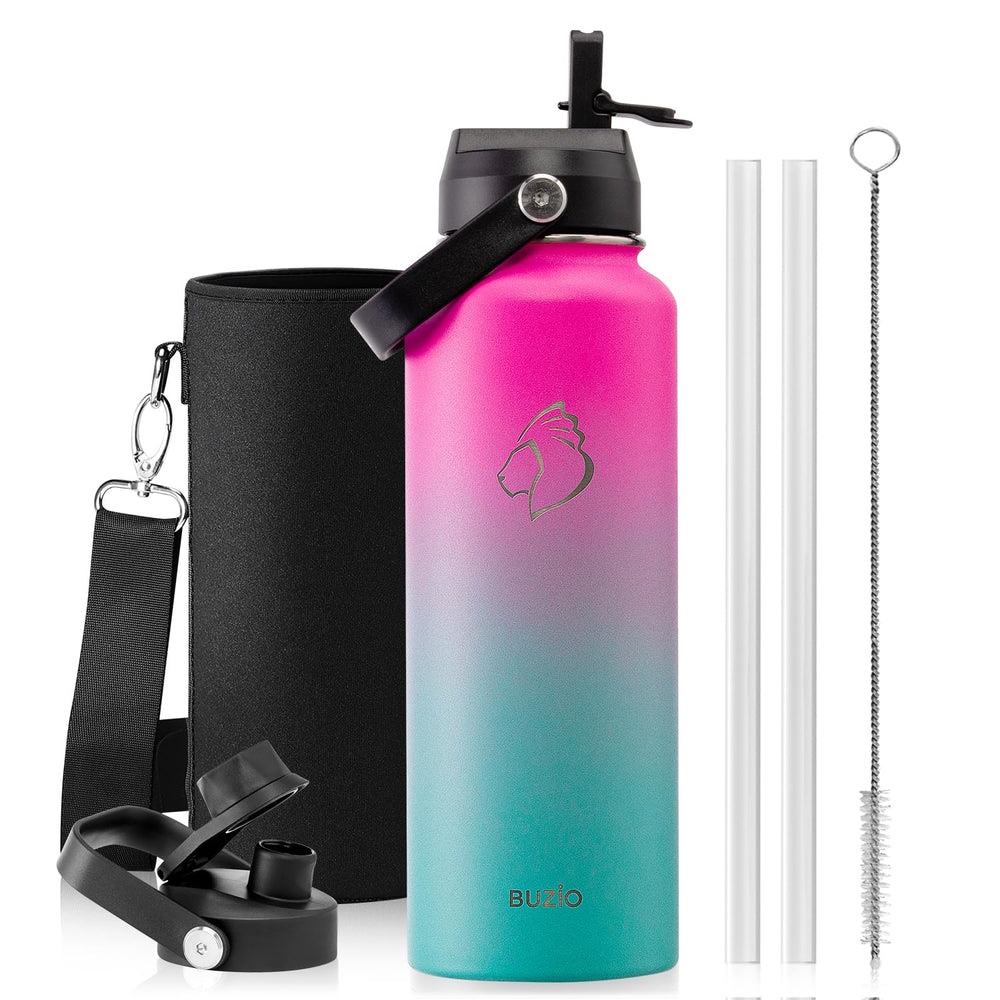 BUZIO 40oz Insulated Water Bottle, Triple Wall Vacuum Stainless Steel Water Flask with 2 lids, Lead-Free BPA-Free Straw Lid Sports Canteen Jug, Cold 48H & Hot 24H- Black