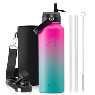 BUZIO 40oz Insulated Water Bottle, Triple Wall Vacuum Stainless Steel Water Flask with 2 lids, Lead-Free BPA-Free Straw Lid Sports Canteen Jug, Cold 48H & Hot 24H- Black