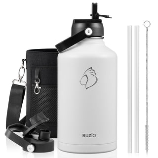 BUZIO 40oz Insulated Water Bottle, Triple Wall Vacuum Stainless Steel Water Flask with 2 lids, Lead-Free BPA-Free Straw Lid Sports Canteen Jug, Cold 48H & Hot 24H- Black